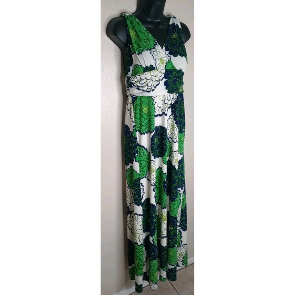 Green Blue White Floral Halter Maxi Dress Stretch Comfort Summer Spring Casual M - Picture 6 of 9